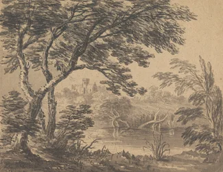 Landskap med kirke i bakgrunnen