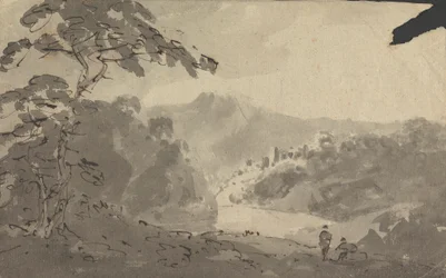 To menn ser inn i landskapet med slott, elv og fjellscene