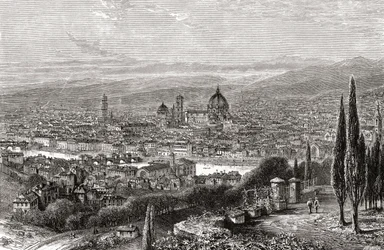 Utsikt over Firenze i Toscana, Italia, fra terrassen til San Miniato, på slutten av 1800-tallet. Fra Italian Pictures av pastor Samuel Manning, utgitt ca. 1890.
