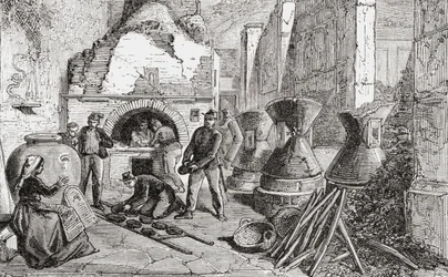 Bakerovn, brød- og melmøller oppdaget i utgravningene i Pompeii, Napoli, Italia på slutten av 1800-tallet. Fra Italian Pictures av pastor Samuel Manning, utgitt ca. 1890.