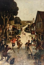 Rustikk scene: Landsbyboerne danser