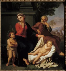Den hellige familie. Jomfru Maria legger en finger foran munnen for å be døperen Johannes om ikke å vekke Jesus sovende. Saint Joseph ser på scenen. Maleri av Reynaud Levieux (ca. 1625-1690)