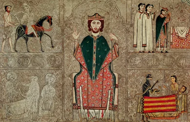 Alterfrontal fra kirken Saint Martin, Chia, Spania, som viser Saint Martin av Tours og fire scener fra livet hans, 1150-1200 (tempera på panel)
