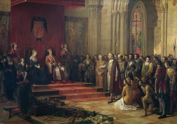 Christoffer Columbus mottas av de katolske monarkene i Barcelona ved hjemkomsten fra sin første reise til Amerika, maleri fra 1874 av Ricardo Balaca (1844-1880)