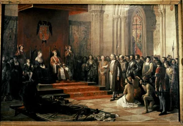 Columbus med de katolske kongene (Isabella og Fernando) av…