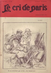 Illustrasjon av Ricardo Flores (1878-1918) for omslaget til Le Cri de Paris, 20/02/16 - La-bas "" De ville ikke ropt så høyt hvis de var her.""" - War of 14 -18 , Presse/medier, soldatliv, skyttergraver, dagligliv, røyking, syltetø