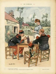 Illustrasjon av Ricardo Flores (1878-1918) i Le Lire, 08.08.08 - Familie - Armee, Restaurantkaféer, Vin, Alkohol Alkoholholdig - Kaffegutt, Servitriser Servitriser, Soldater