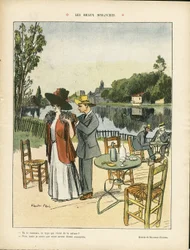Illustrasjon av Ricardo Flores (1878-1918) i Le Rire, 04/07/08 - Vakre søndager - Fritid, Naturvegetasjon, Arkitektur Urbanisme, Restaurantkaféer, Maritim Marine Seaside