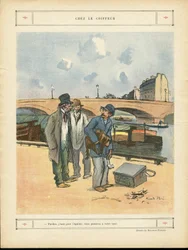 Illustrasjon av Ricardo Flores (1878-1918) i Le Rire, 05/10/12 - Hos frisøren - Paris, Yrker, Arkitektur Byplanlegging, Bro, River River - Hund, Frisør