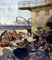 Italiensk emigrasjon til Canada; turen om bord på Lake Megantic ble gjort under ganske vanskelige forhold. ill. av R. Pellegrini. La Domenica del corriere. 02.06.1901.