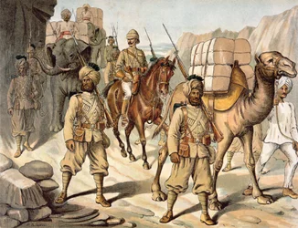Eskorte av det 20. bengalske (Punjab) innfødte infanteriet, felttjenestesett, den anglo-indiske hæren på 1880-tallet (farge litho)