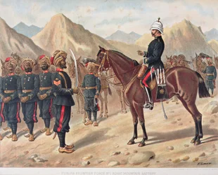 Punjab Frontier Force No.1 Kohat Mountain Battery, den anglo-indiske hæren på 1880-tallet (litho farge)