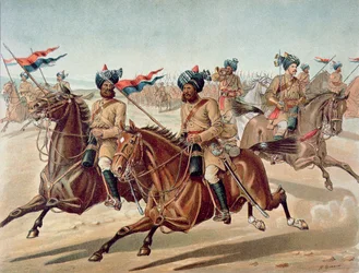 Scouts of the 10th Bengal Lancers (field Service Kit), den anglo-indiske hæren på 1880-tallet (farge litho)
