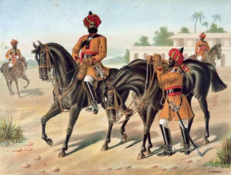 Det første bengalske kavaleriet, revisjonsorden, anglo-indiske hær på 1880-tallet (farge litho)