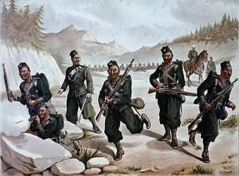 The 3rd Gurkhas Skirmishing, den anglo-indiske hæren på 1880-tallet (farge litho)