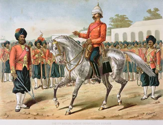 Det syvende bengalske infanteriet på parade, den anglo-indiske hæren på 1880-tallet (farge litho)