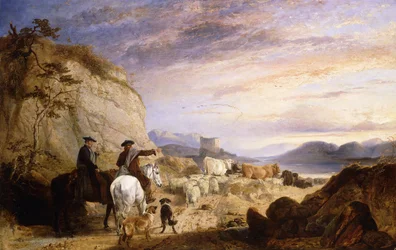 Highland Drovers and Dogs Driver sine sauer og storfe i et steinete skogslandskap, 1846