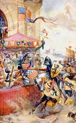 En ridderturnering på Tower Bridge, illustrasjon fra «Hutchinsons historie om den britiske nasjonen»