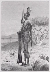 En tatovert svart Shuli-person med våpnene sine, fra «Menneskehetens historie», bind III, av professor Friedrich Ratzel, 1898