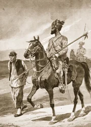 En Bengal Lancer og hans Boxer-fange, illustrasjon fra 'Battles of the Nineteenth Century: Vol. VII, Den kinesiske krigen 1900-1901' av Archibald Forbes, GA Henty og major Arthur Griffiths