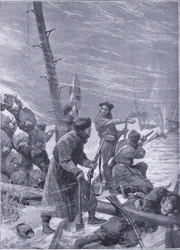 Angrep på jernbanen av Chunchuses, illustrasjon fra Cassells History of the Russo-Japanese War Vol 1, ca. 1900