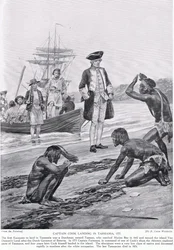 Kaptein Cook lander i Tasmania, 1777, illustrasjon fra 