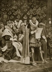 Hyllesten, gavmildheten og den generelle benådningen ved kroningen av Jakob I og Anna av Danmark, 25. juli 1603, fra «The Illustrated London News», 1902