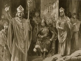 Talen til Hubert Walter, erkebiskop av Canterbury, ved kroningen av Johan på Kristi himmelfartsdag, 27. mai 1199, fra «The Illustrated London News», 1902