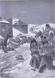 Den uendelige marsj østover: Et kjent syn på veien, illustrasjon fra Cassells History of the Russo-Japanese War Vol 1, ca. 1900