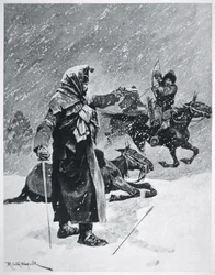 Tyrkisk-basjkirske kosakkbueskyttere forfulgte og forfulgte tilbaketrekningen av Napoleons hær fra Russland i 1812 (farge litho)