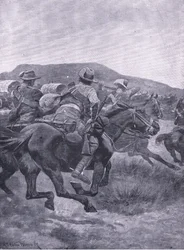 Yeomanry angriper De Wets bakvakt og transport, fra After Pretoria: The Guerilla War utgitt av Harmsworth Bros Limited, 1901