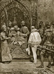 En tidlig engelsk ambassade til India, 1599, illustrasjon fra «Hutchinsons fortelling om den britiske nasjonen», ca. 1923
