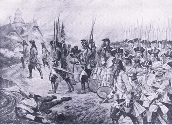 Blenheim, 13. august 1704: Storming av landsbyen, illustrasjon fra britiske slag på land og hav, 1915