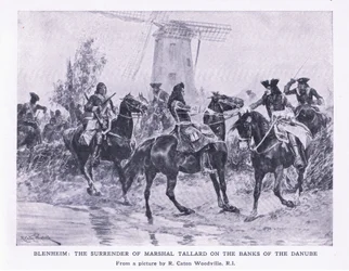 Blenheim, 13. august 1704: Overgivelsen av Marshall Tallard på bredden av Donau, illustrasjon fra britiske slag på land og hav, 1915