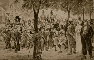 Britiske styrker marsjerer inn i Cape Town, 1814, illustrasjon fra 