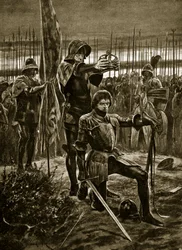 Henrik VII krones ved Bosworth, illustrasjon fra «Hutchinson