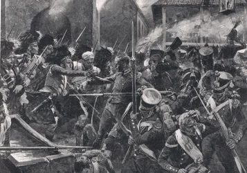 The 42nd Highlanders driver franskmennene ut av Elvina, illustrasjon fra 'British Battles on Land and Sea', utgitt av Cassell, London, ca. 1910