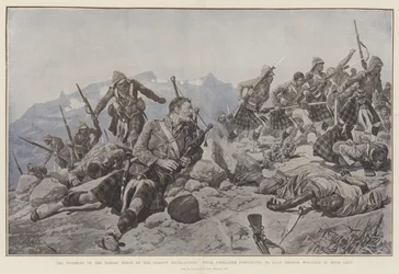 The Storming of the Dargai Ridge av Gordon Highlanders, Piper Findlater fortsetter å spille selv om han er såret i begge beina