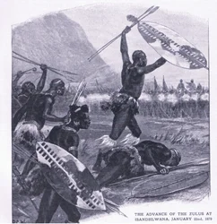 Zuluenes fremmarsj ved Isandhlwana 22. januar 1879, illustrasjon fra British Battles on Land and Sea, 1915