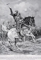 Det første angrepet ved Hastings: Minstrelen og sverdsjongløren Taillefer red ut fra rekkene, sang og kastet sverdet sitt i luften, 1066, illustrasjon fra «Hutchinsons historie om den britiske nasjonen»
