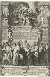 Instelling van de broederschap Militia Angelica av Thomas Aquinas, 1649 Opprinnelsen til englemilitsen, den guddommelige Thomas Aquinas; under hans himmelske kyskhetsbelte, innstiftet (tittel på objekt)