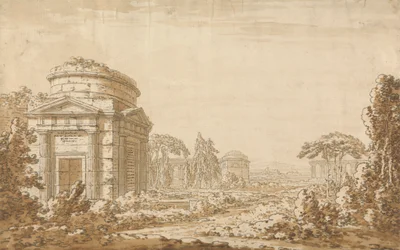 Klassisk italiensk landskap med templer og en ødelagt akvadukt