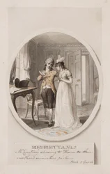 Mr Courtney viser Henrietta deres mors miniatyrbilde, bok 5, kapittel 4, illustrasjon for en 1798-utgave av 'Henrietta' av Charlotte Lennox, ca. 1798 (blyant og wc på papir)
