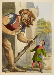 Jack ser opp på en gigant som har to hoder. Kjempen er walisisk. Fargeillustrasjon i en barnebok.