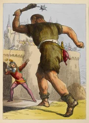 Jack klar til å kjempe mot en gigant utenfor et slott. Fargeillustrasjon i en barnebok.