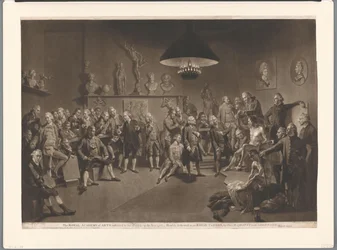 Medlemmer av Royal Academy i et interiør med en naken mannlig modell, 1768 Royal Academy of Arts, innstiftet av kongen, i år 1768 (tittel på objekt)