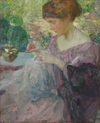 Young Woman Sewing (olje på lerret)
