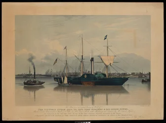 Denne tallerkenen, fra et originalmaleri av Ward, av dampskipet Victoria, på 1200 tonn og 400 hestekrefter ... sjøsatt 20. juni 1837 ... (akvatint, farget, papp)