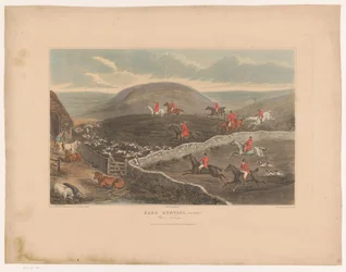 Landskap med hunder og jegere på hesteryggen som løper gjennom jorder Harejakt, Plate 2. Krigsneper! (tittel på objekt)