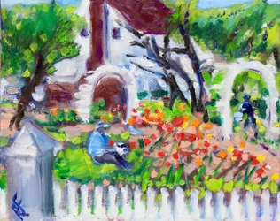 Gardener at Work, Luther Burbank Gardens, 2021 (olje på lerret)